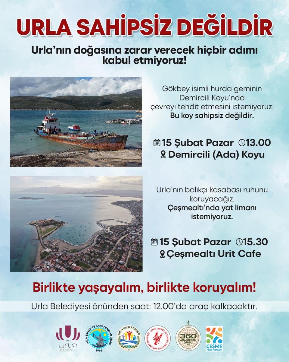 Değerli hemşehrilerim,

Urla’mız sahipsiz değildir.
Doğamıza, denizimize, koylarımıza zarar verecek hiçbir adıma sessiz kalmayacağız.

Demircili Koyu’nda çevreyi tehdit eden hurda gemiye karşı bu pazar da 13.00’da bir araya geliyoruz. 

Aynı gün 15.30’da Çeşmealtı’nın balıkçı