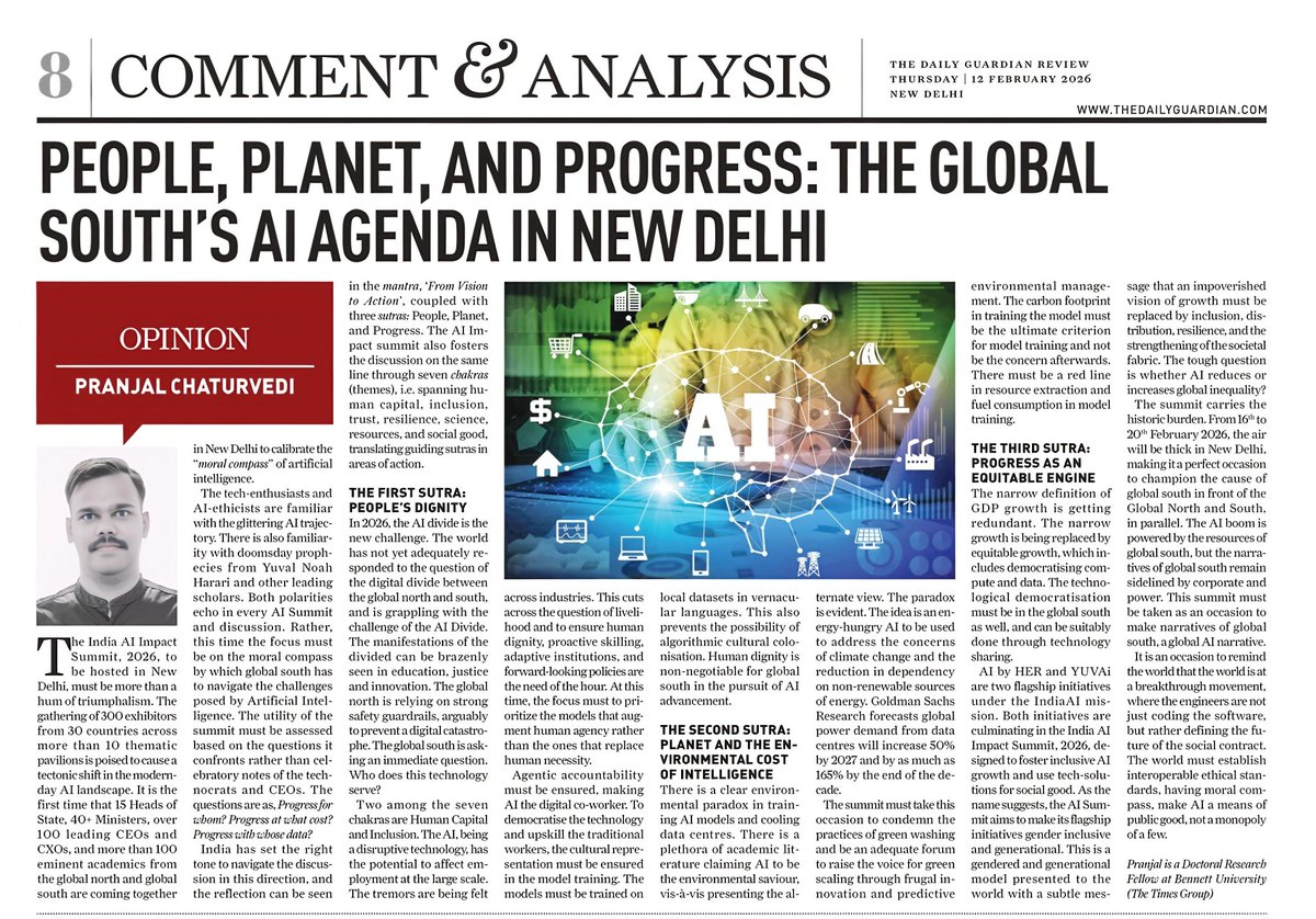 Elated to share my latest op-ed: “People, Planet, and Progress: The Global South's AI Agenda in New Delhi” featured in The Daily Guardian.

🔗 Read here:
thedailyguardian.com/opinion/people…

<a href="/OfficialINDIAai/">IndiaAI</a> <a href="/AshwiniVaishnaw/">Ashwini Vaishnaw</a> <a href="/bennettuniv/">Bennett University</a>