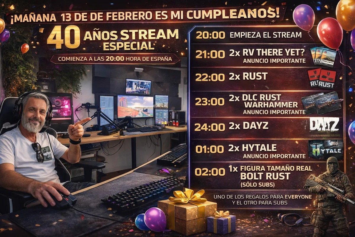 🎉🔥 MAÑANA CUMPLO 40… ¡Y LO CELEBRAMOS EN STREAM! 🔥🎉

📅 13 de febrero — desde las 20:00
🎁 ¡SORTEOS CADA HORA hasta las 02:00!
Games, DLCs, sorpresas… y un FINAL MUY TOCHO 👀

Además, haré anuncios IMPORTANTES sobre mis proyectos para 2026 😱

👉 Uno de los premios será