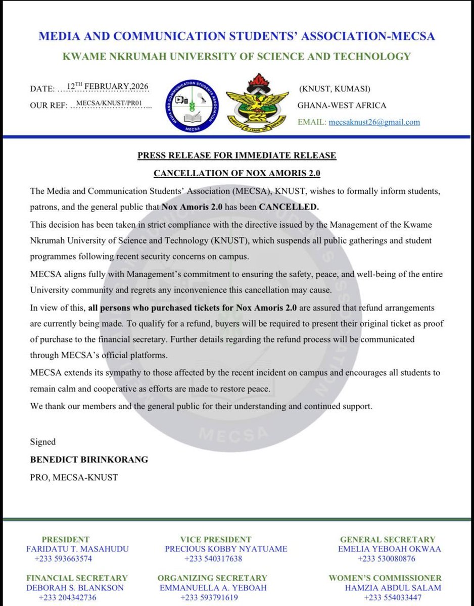 MecsaKnust's tweet photo. 🚨 🚨 🚨 🚨 🚨 🚨 🚨

*OFFICIAL NOTICE -CANCELLATION OF NOX AMORIS 2.0*

*The Media and Communication Students’ Association (MECSA-KNUST) regrets to inform students, and the public that Nox Amoris 2.0 will no longer take place. https://t.co/gwSxUXbQK7