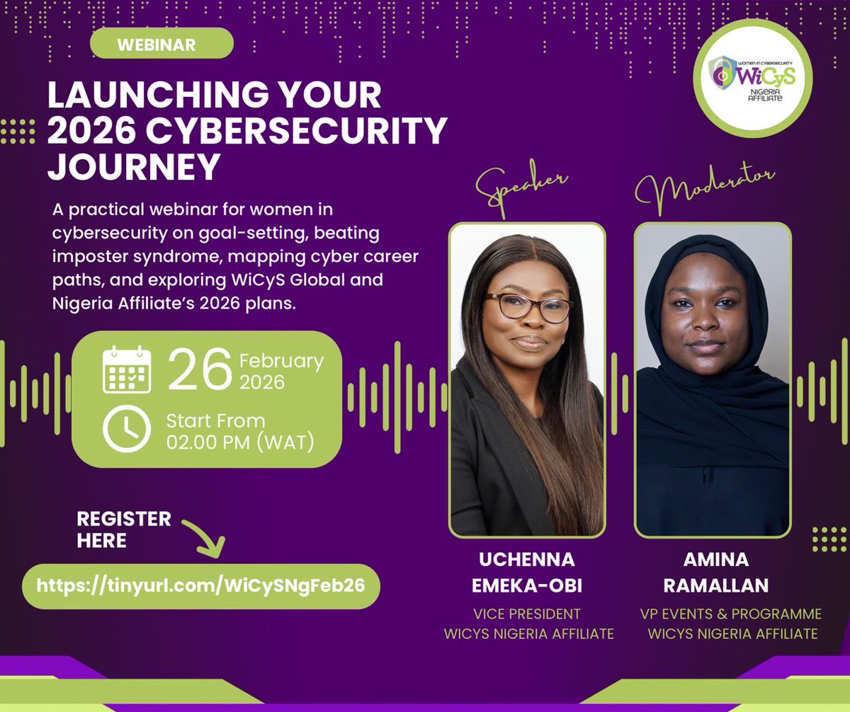 Do not miss the <a href="/WicysNigeria/">WiCyS Nigeria Affiliate</a> first webinar of 2026 designed with your growth in mind.

You’ll also get a sneak peek into WiCyS Global, membership perks, and our plans for 2026. 

Register here: lnkd.in/dgDGWf3K