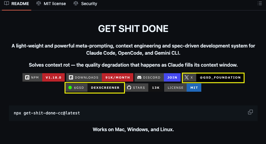lowcap_hunter's tweet photo. First of all, let’s be clear: $GSD is not a memecoin anymore.

No serious developer would place the ticker and official X account directly inside the README of a GitHub repository with 13.3K stars and nearly 100K downloads per month unless they were fully committed.

That alone should extinguish the FUD claiming the dev is not serious about the token. And therefore It’s reasonable to conclude that $GSD is now integrated into Lex’s broader business model and not positioned as a side experiment or afterthought.

We are talking about one of the hottest AI coding frameworks in the space right now, positioned to overtake Claude Flow, Vibe Kanban, BMAD, and Spec Kit in the coming weeks.

More importantly, this is a framework respected and used by senior engineers from companies like Google, Amazon, Microsoft, Webflow, and Spotify.

Putting the ticker, the official account, and the community front and center in the GitHub repo is not a casual move. It directly ties the token to the framework.

Doing so puts @official_taches’ reputation and everything he has built in the AI, vibe coding, and software development space on the line.

That is not something a developer does lightly.

https://t.co/OfVOg3FTLK

Back to the main question:

What are or will be the actual use cases of $GSD in terms of value accrual, integration, and long-term utility?

Here’s what we know so far:

1. Paygated GSD web app interface

Lex plans to introduce a paywall for the GSD cloud-hosted quick-start option, with payments denominated in $GSD.

Users who want unrestricted access can still install and run GSD locally via the terminal for free. However, those who prefer the convenience of the hosted version will need to pay.

For users who are not comfortable transacting in $GSD, a fiat payment option will be available, with the backend automatically converting it into $GSD.

Revenue generated from this model could potentially be allocated toward:

1. Lex (as the developer)
2. The treasury
3. The token (through a buyback-and-burn mechanism to reduce circulating supply)

https://t.co/ZVugAGyc2n

2. Governance Participation

On https://t.co/kG9nzKQ0zd, there are already tabs for Governance and Roadmap. If implemented as requested by token holders, holding a certain amount of $GSD may grant holders the ability to influence the future direction of the framework.

3. Buyback & Burn from Revenue Streams

Another idea is to allocate 100% of GSD merch profits toward buying back and burning $GSD.

What makes this interesting is that the concept doesn’t have to stop at merchandise. As the ecosystem grows, larger and more scalable revenue streams could emerge such as premium features, integrations, enterprise tools, or other monetized initiatives. 

If a portion (or even the majority) of those profits were directed toward buybacks and burns, it would introduce sustained deflationary pressure tied directly to ecosystem growth.

4. Hackathons Funded in $GSD

There is also the idea of hosting GSD hackathons, with prizes paid out in $GSD tokens from the treasury.

This would:
- Incentivize builders
- Attract high-quality contributors
- Expand the ecosystem
- Distribute tokens to active participants

Instead of passive speculation, tokens would flow to those actively building within the GSD ecosystem.

https://t.co/Iv4gessz1Y

What has already been done (to introduce a healthier tokenomics and price action)

1. 2.1% Personal Supply Lock

Lex locked 2.1% of his own $GSD supply: tokens he personally purchased from the open market.

At all-time highs, that position was valued at approximately $200K USD, and it was still worth $100K+ at the time of locking.

This was not allocated supply or free tokens. It was capital deployed and then voluntarily taken out of the circulation for 2 years.

https://t.co/mIHAtxZRgy

2. Permanent Liquidity Lock from Fees

Lex also permanently locked $GSD into liquidity using funds he personally earned. Based on estimates, this amounts to roughly ~$20K, consisting of:

- $10K from the prize winnings from @finnbags
- $10K+ from his own earnings

https://t.co/penCR9bjm1
https://t.co/Yczk8eeBlf

3. Treasury Growth

The treasury continues to accumulate $GSD, strengthening its ability to fund future initiatives. 

It currently holds approximately ~5 million $GSD, valued at around $7.6K USD at current prices.

This growing treasury can support:
- Hackathons
- Ecosystem incentives
- Development initiatives
- Strategic expansion

For full transparency, the treasury balance can be monitored directly on the official website under the Transparency tab.

https://t.co/NiX6vzCaMy
https://t.co/lhc6fmkKry

What's ahead and what Lex is currently working on:

1. GSD web app interface

A web-based interface that makes GSD more accessible to users who prefer not to operate purely through the terminal. This lowers the barrier to entry and expands adoption beyond power users.

2. GSD integration for AI agents

Deeper integration with AI agents, enabling GSD to function more seamlessly within autonomous and multi-agent workflows. This strengthens its position in the agentic coding ecosystem, more particularly with the rise of popularity of @openclaw.

3. GSD supporting x402 

Adding support for x402, which could open new possibilities for payments, integrations, and infrastructure-level expansion within the broader AI and web ecosystem.

https://t.co/XcvAw0uwii
https://t.co/AcGQTZJEVp