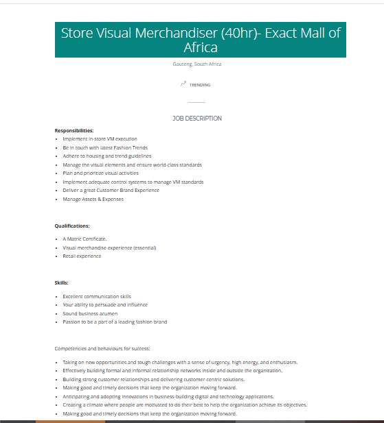 Job Alert!!!

Company: TFG
Position: Store Visual Merchandiser
Location: Gauteng
Click here to apply: spanihunter.co.za/single-job/?id…
Closing Date: 17 FEB 2026

Please refer to the picture for more info