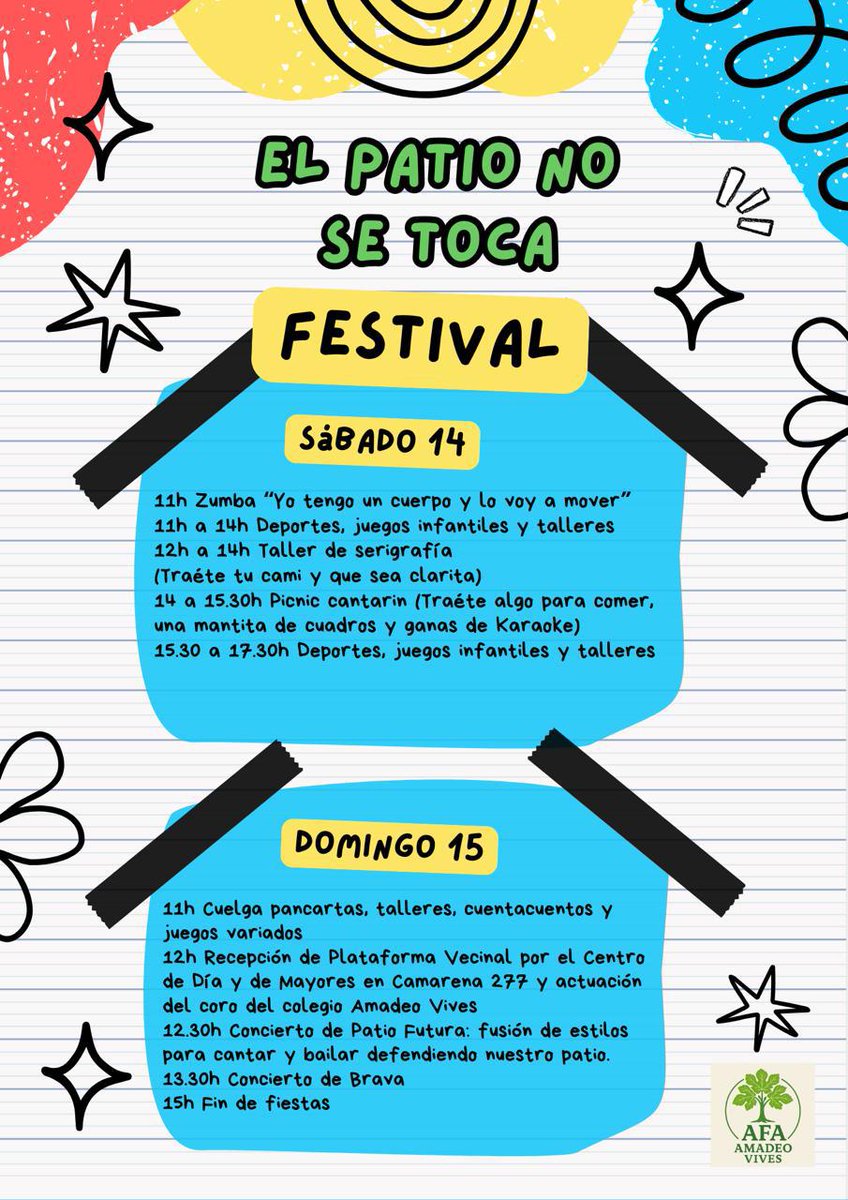 🟥 EL AYUNTAMIENTO NO CUMPLE LOS ACUERDOS

✋ NO a la eliminación del patio del CEIP Amadeo Vives
✅ SÍ a centros de día y de mayores en Camarena 277

📣 MANIFESTACIÓN
🗓 Domingo 15 de febrero
⏰ 11:00 h
📍 Desde Camarena 277 hasta el Colegio Amadeo Vives

🎉 Festival “El patio
