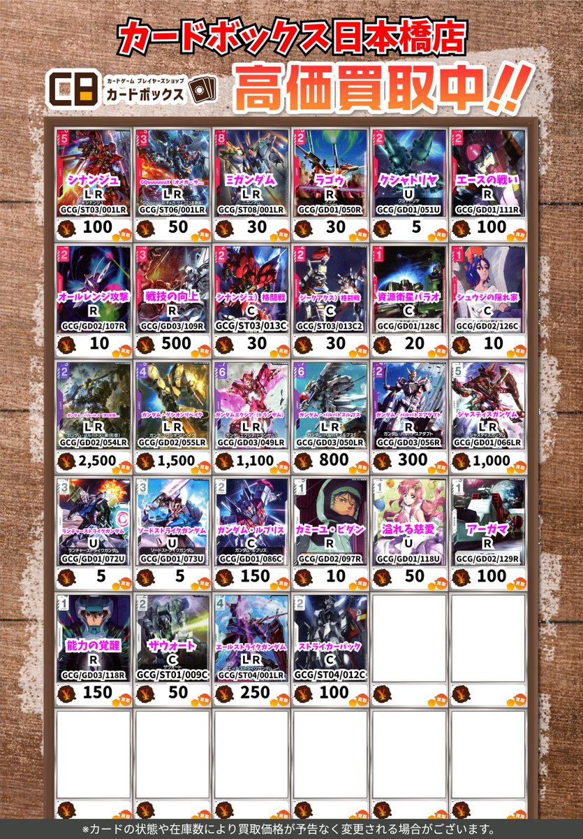 CB日本橋店ガンダムカードゲーム買取表 【注意事項】 ・上限枚数集まり