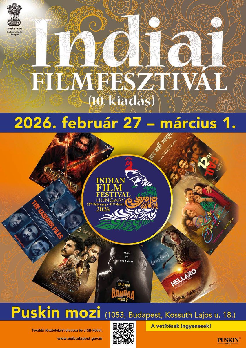 IndiaInHungary's tweet photo. A jegyek már elérhetők!Látogass el a Puskin Moziba, és vedd át INGYENES jegyed az Indiai Filmfesztiválra! Az elsőként érkezők előnyt élveznek – ne várj!🏃‍️💨

#TicketsOpen #Budapest #IndianFilmFestival #indiancinema #IndianFilmFestivalBudapest #IFFBudapest2026 #IndiaInHungary #IndianCinema #BudapestEvents #AmritMahotsav
@MEAIndia

@nfdcindia
@MIB_India
@IFFIGoa
@IndianDiplomacy
@PIB_India
@iccr_hq
@iccr_budapest
@diaspora_india
@incredibleindia
@AmritMahotsav