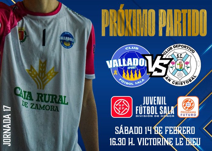 JUVENIL DH | Próximo partido 

📆 Sábado 14 de febrero
⏰ 16:30 horas
🏟️ Victorine Le Dieu 
🔢 Jornada 17
🆚 <a href="/cdsancris/">C.D.San Cristobal</a> 
🎟️ Simpatizantes gratis / General 3€

#AzulEsElColor