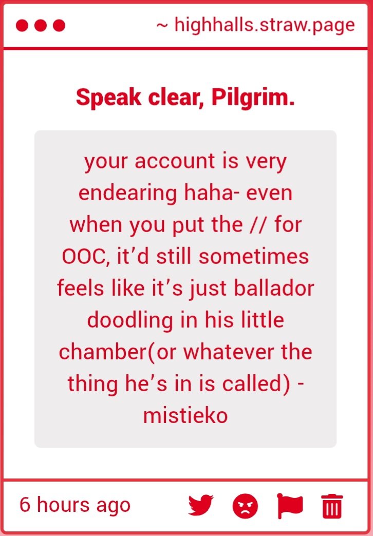 // Ballador in his awesome comfy little bedchamber using "//" to completely abandon any sort of maturity and start calling people chuds is a really funny visual

// in reality any time I type in "//" I become the awesome Ballamunculus, I'm a little version of Ballador