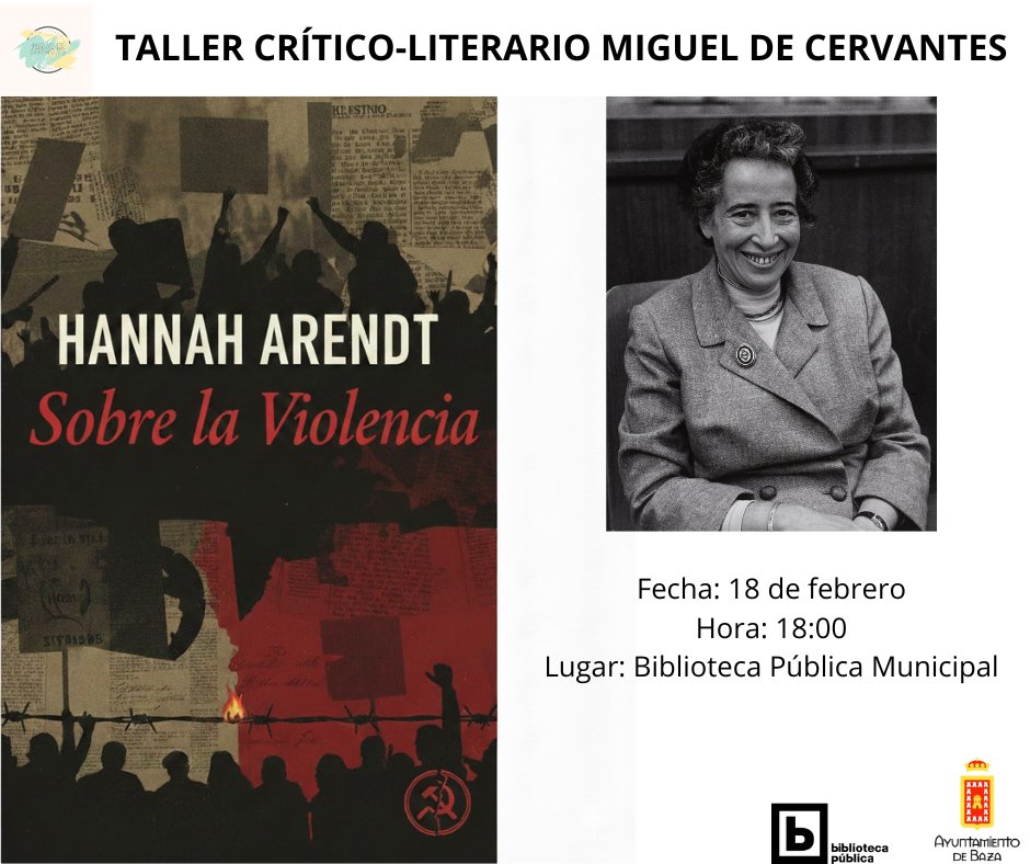 BazaFilosofia's tweet photo. Nueva sesión del club de filosofía en la que analizaremos el concepto de violencia y su relación con el poder desde el pensamiento de Hannah Arendt. ¡Os esperamos a todos el próximo miércoles a las 18:00! #filosofía #HannahArendt https://t.co/tMvbDEtdfe