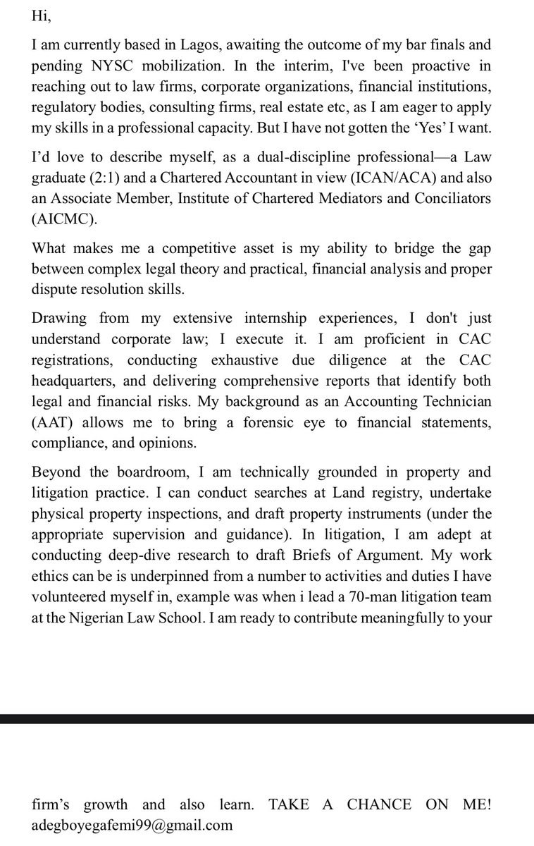 Day 14

I am a recent law sch graduate seekin NYSC associate role in Lagos. Interested in law firms, corporate organizations, financial institutions, regulatory bodies, consulting firms, real estate, etc.
If u knw of any openings, pls help me Repost, Like and spread d word! 🤲🏾 🧎🏾