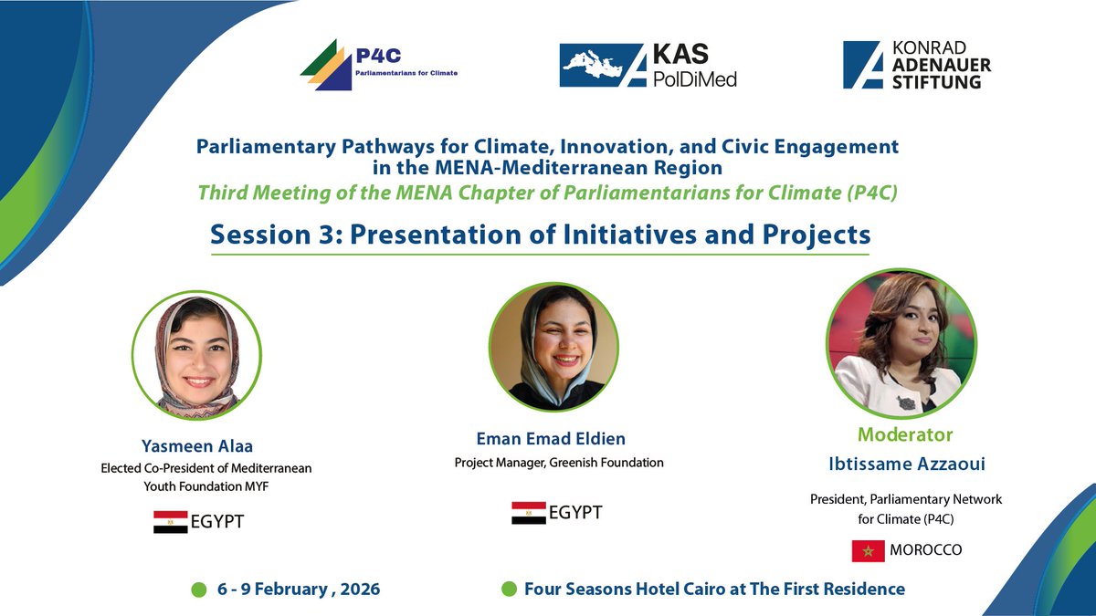 P4C_network's tweet photo. Session 3 — Presentations of Initiatives and Projects by the Mediterranean Youth Foundation and the Greenish Foundation, held on 7 February 2026 in Cairo, Egypt.
@MyfmedEgypt @Greenisheg @Ibtissame_azz https://t.co/6wso5vXlPM