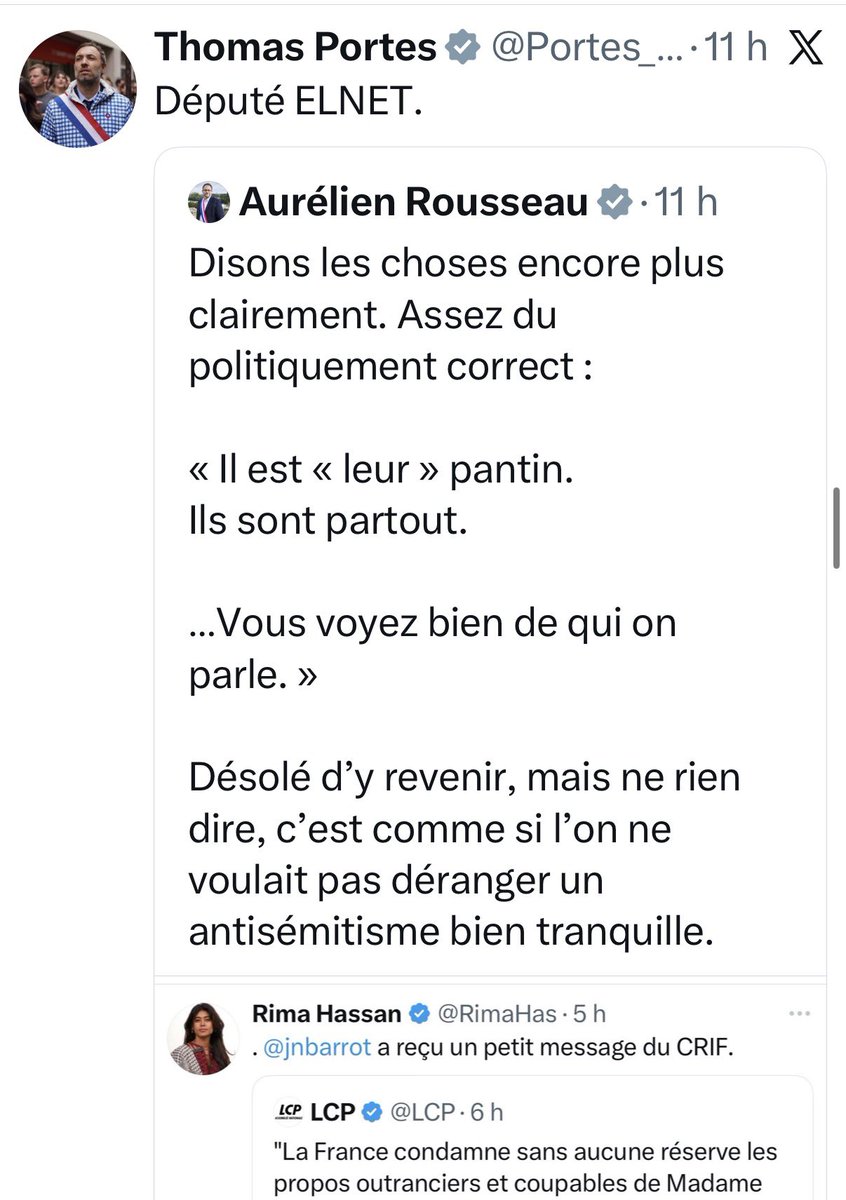 LFI n’a plus aucun surmoi. Après avoir vaguement prétendu défendre les juifs (flop), ses élus reviennent aux fondamentaux et ne cachent même plus leur antisémitisme : ici Thomas Portes accuse des députés d’être aux ordres d’Israël et du complot juif.