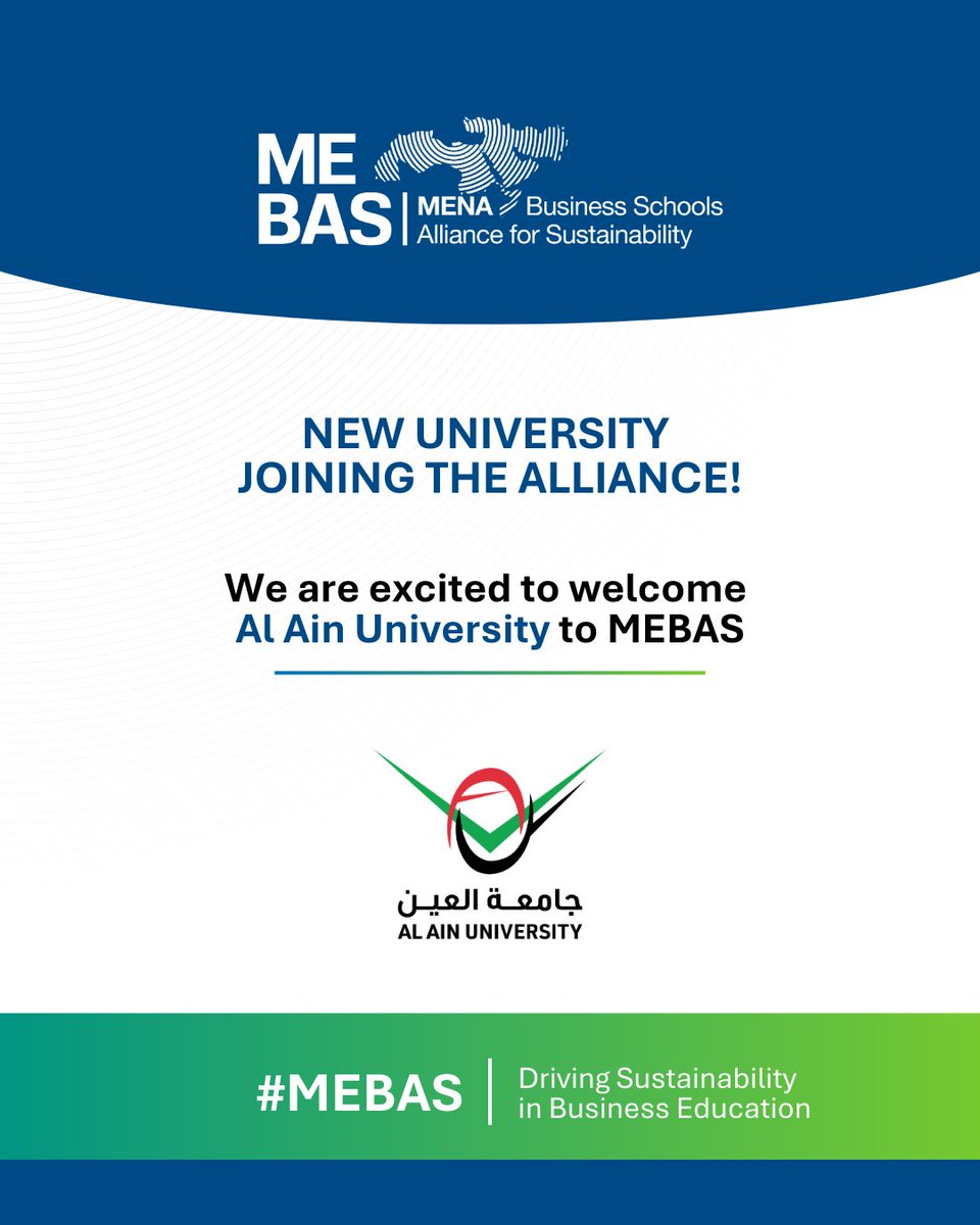MEBAS_Alliance's tweet photo. We are pleased to welcome Al Ain University, UAE, as a new member of @MEBAS_Alliance.

This membership strengthens regional collaboration and reflects a shared commitment to advancing sustainability in business education across the MENA region. 

#MEBAS #Sustainability #MENA https://t.co/aw6xMoAOe7