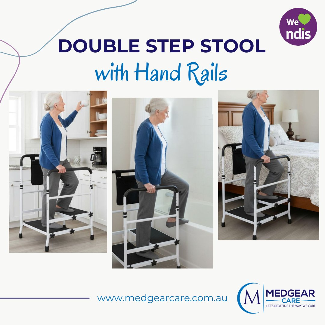 Medgearcare's tweet photo. Step up safely and confidently with our Double Step Stool 💪

✔️ Non-slip wide steps
✔️ Supportive safety handrails
✔️ Strong, stable frame
✔️ Ideal for seniors, rehab &amp; everyday use

For Details: https://t.co/T2ldAXy3K6

#MobilityAid #HomeSafety #NDIS #FallPrevention https://t.co/n4vwQzZ9QG