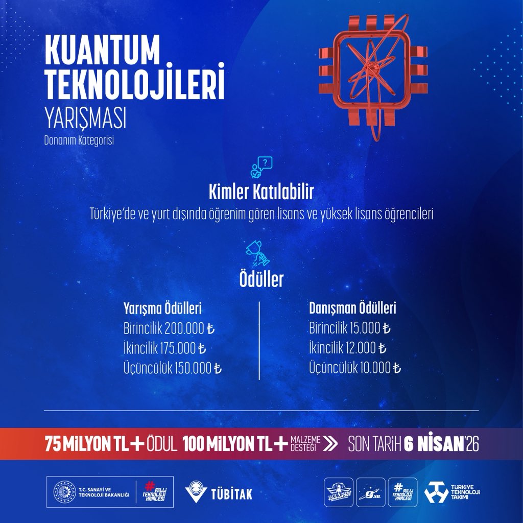 Tubitak's tweet photo. Geleceği kuantumla şekillendiren gençlerimiz yarışıyor! ⚛️

👩‍💻👨‍💻 Gençlerimizi kuantum teknolojilerine yönlendirmek, bu alanda bilgi ve beceri kazanmalarını teşvik etmek amacıyla Donanım kategorisinde yürütücülüğünü üstlendiğimiz;

Kuantum Teknolojileri Yarışmamıza başvurularınızı bekliyoruz! 🤩

📌 @teknofest
📌 @bilimletoplum
📌 @TubitakUME 

Son başvuru tarihi:
🗓️ 6 Nisan 2026

Detaylar: 👇
https://t.co/ogEiTHvOqm