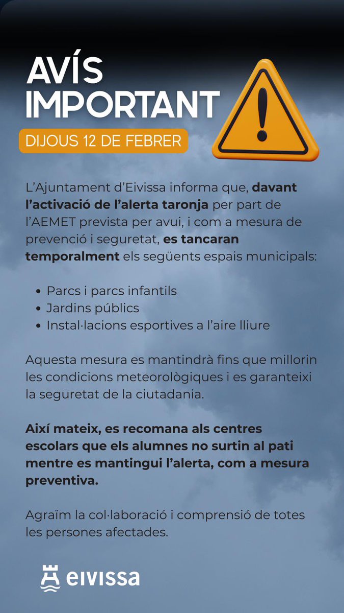 Avís⚠️

🟠Alerta taronja activada (IG-1 del Pla Meteobal) per forts vents ts i fenòmens costaners a totes les Illes Balears.

🙏Us demanam precaució durant les pròximes hores, que seguiu les recomanacions de seguretat i que ☎️ telefoneu a l'112 en cas d'emergència.