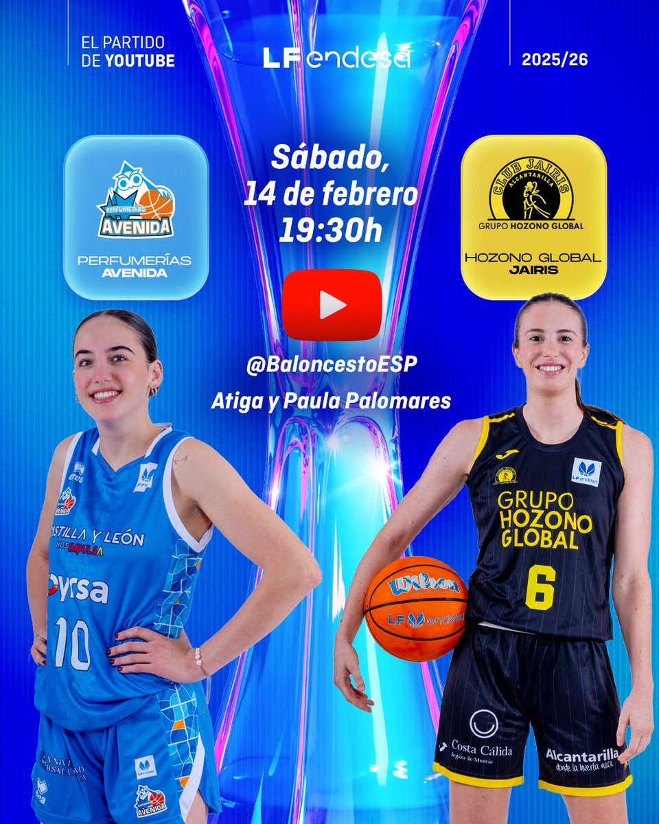 ♀️ #LFEndesa <a href="/basketlover/">Endesa Basket Lover</a> | El PARTIDAZO ⭐️ de la Jornada 2⃣1⃣ que vamos a vivir en nuestro canal de <a href="/YouTube/">YouTube</a> 🔥

En directo, con los comentarios de <a href="/AtigaS8/">Atiga</a> y <a href="/palomekix/">Paula Palomares</a> 🙌

<a href="/CBAvenida/">Perfumerías Avenida</a> 🆚 <a href="/CBJairis/">Hozono Global Jairis</a> 
⏰ 19:30h
📺 youtube.com/@BaloncestoESP…

#NadaNosDetiene