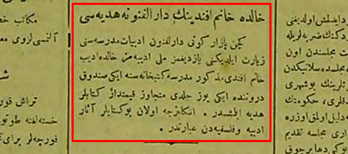 Halide Edib Adıvar, Darülfünun Edebiyat Medresesi Kütüphanesi'ne iki sandık içinde 200 ciltlik, felsefe ve edebiyatla ilgili kitaplar hediye ettiğini bildiren bir haber, 1923.