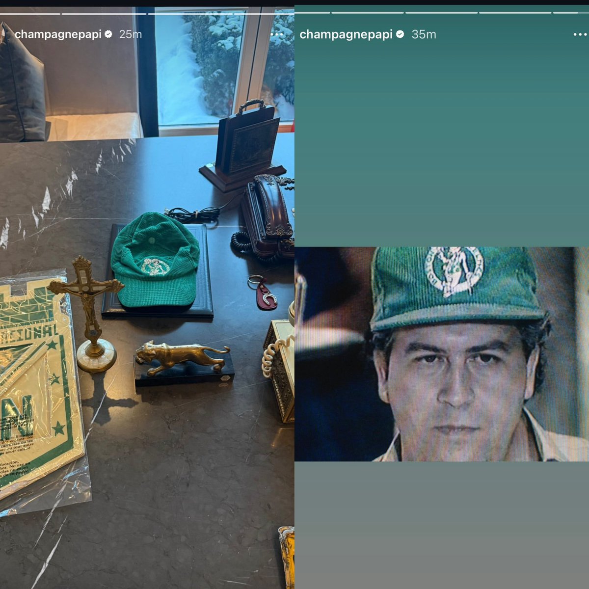 AkademiksTV's tweet image. Drake reveals he purchased Pablo Escobar Celtics hat