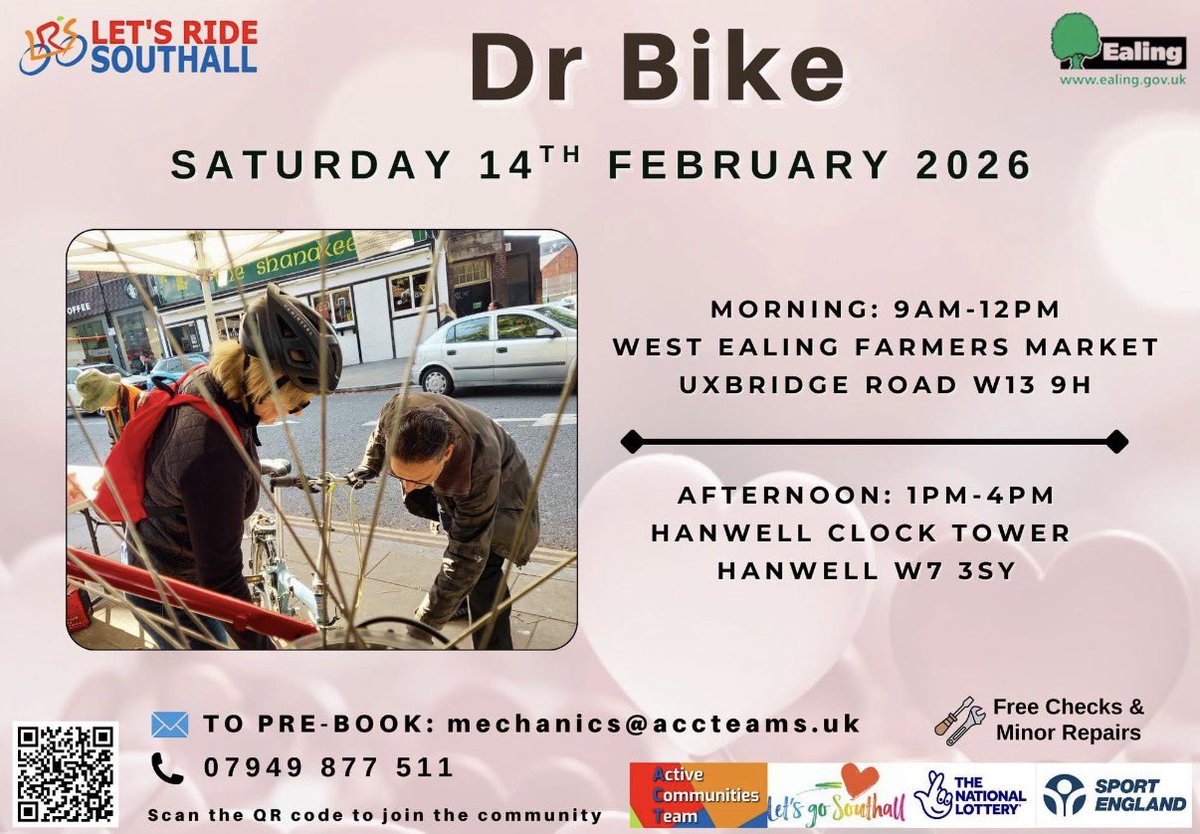JM4NorwoodGreen's tweet photo. #NorwoodGreen #Southall & @EalingCouncil residents The #DrBike Team are back with FREE bike safety checks & minor repairs
Saturday 14 Feb 2026
9amβ12pm β West Ealing Farmers Market (W13 9H)
1pmβ4pm β Hanwell Clock Tower (W7 3SY)
π§ Pre-book: mechanics@accteams.uk
π 07949 877 511 https://t.co/PBvRSSabEW