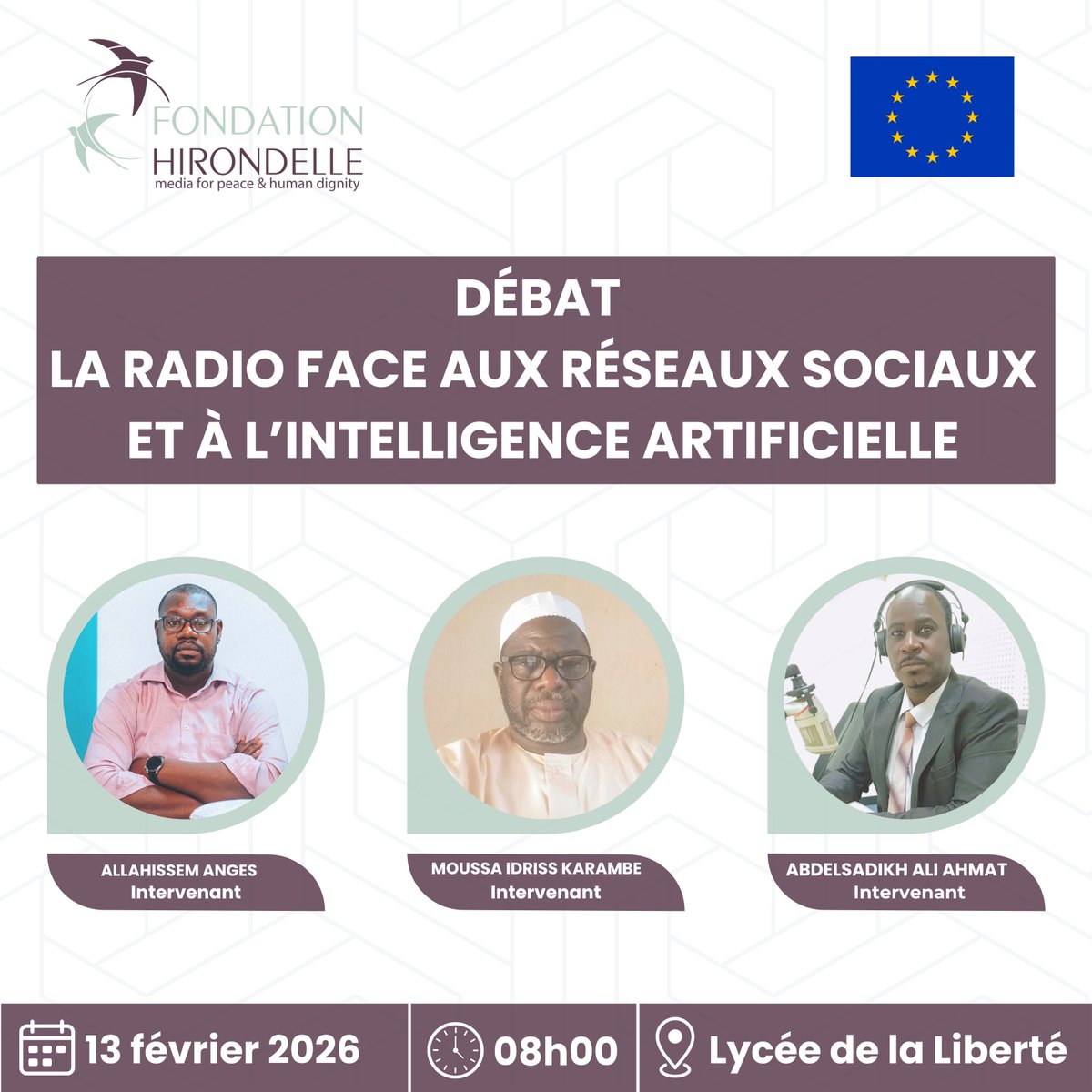 📻 À l’occasion de la Journée mondiale de la radio, le Studio Hirondelle Tchad ouvre le débat autour du thème : « La radio face aux réseaux sociaux et à l’IA ».

📍 Rendez-vous ce vendredi 13 février au Lycée de la liberté.

#WorldRadioDay #StudioHirondelleTchad