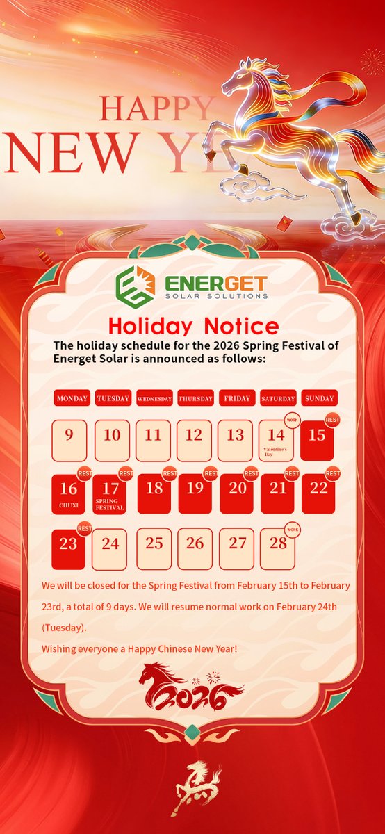 Energet_Solar's tweet photo. Our company will begin the Spring Festival holiday in the near days and will return to work on the 24th. Wish everyone a happy New Year.
#chinanewyear #chinesenewyear #energetsolar #NewYear https://t.co/d77vdgpxMV