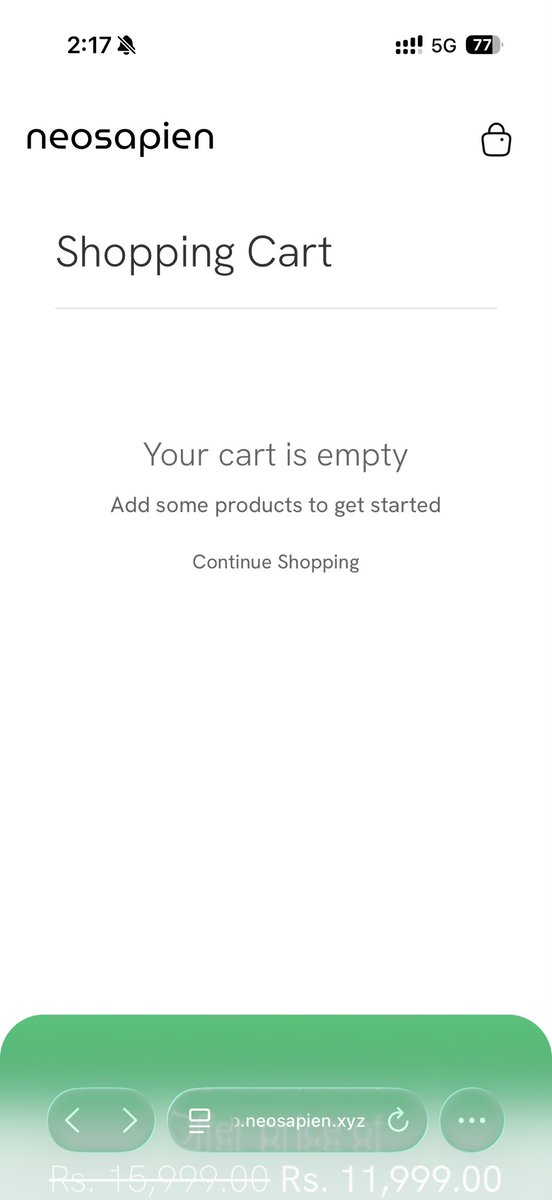 xRajjo's tweet photo. @neosapien_xyz on the empty cart page you used a test collection page link. You should fix that. https://t.co/BS97xvCMOe