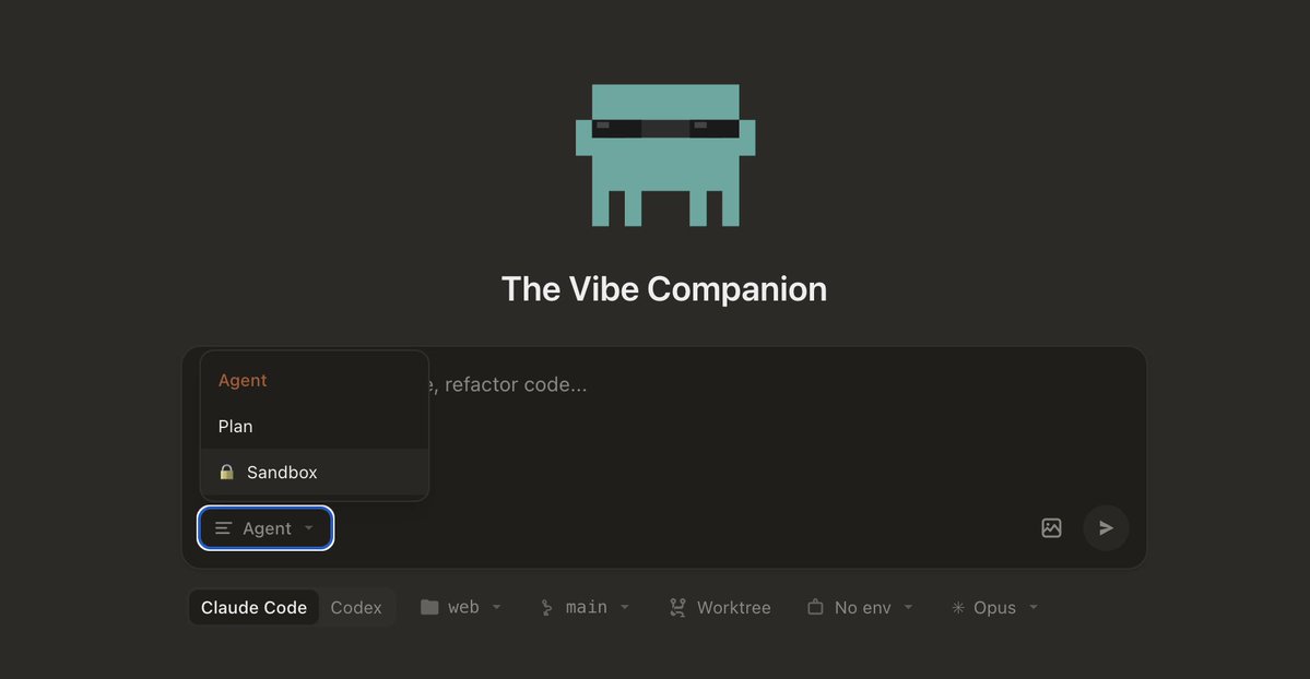 Last night project, I forked <a href="/_StanGirard/">Stan Girard</a> Vibe Companion to be able to run Claude Code in a Apple Container with --dangerously-skip-permissions
