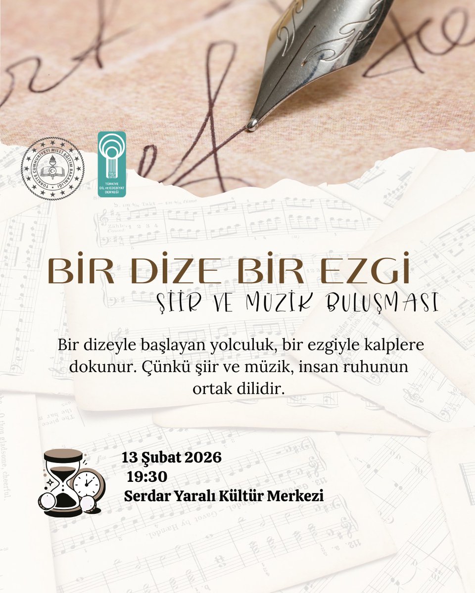 İlçe Millî Eğitim Müdürlüğümüz ve Türkiye Dil ve Edebiyat Dernegi'nin birlikte düzenleyeceği “Bir Dize, Bir Ezgi” etkinliğinde; genç yüreklerin sahneye taşıdığı sanat yolculuğuna hep birlikte tanıklık edeceğiz.