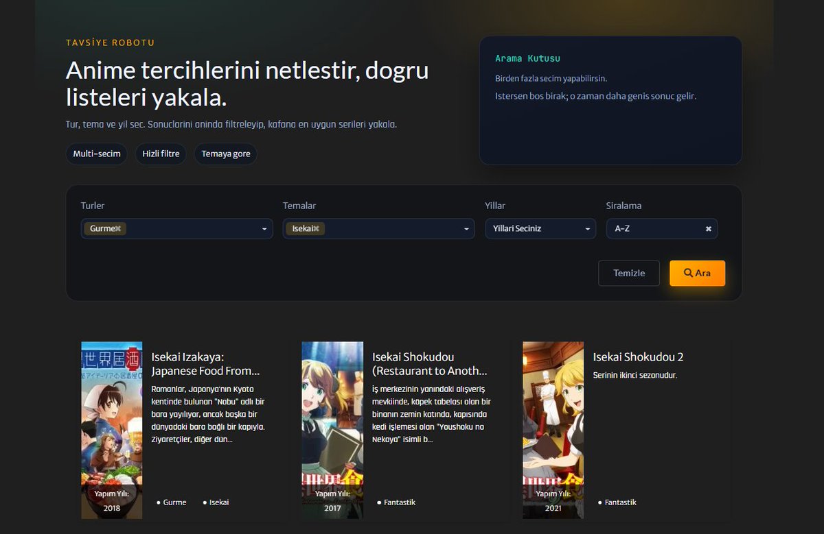 Tavsiye robotu güncellendi ve siteye yeni temalar eklendi. Artık isekai aratabilirsiniz ☺️