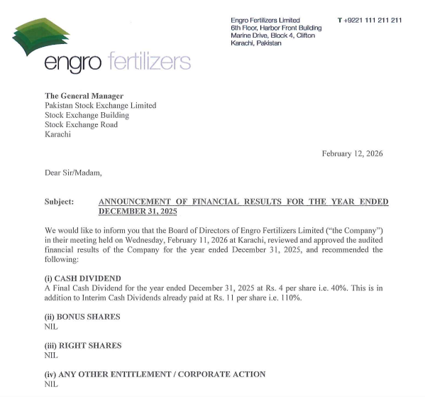 Engro Fertilizers Limited (EFERT)

Key Performance Highlights (FY2025)
Dividends: A final cash dividend of Rs. 4 per share (40%) was announced. Combined with the interim dividends of Rs. 11 per share, the total dividend for the year is Rs. 15 per share.+1
Profitability: The