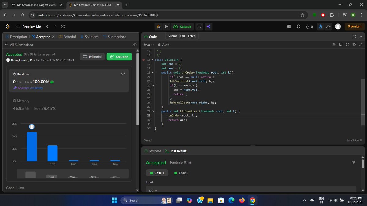 Kiran_15_K's tweet photo. Day 12/28 β Kth Smallest Element in BST π³
Solved using Inorder Traversal to leverage BST properties.
Clean recursion, optimal traversal, and 100% test cases passed β
Consistency > Motivation π»π₯
#28DaysOfCode #Day12 #LeetCode #Java #DSA #BST #CodingJourney https://t.co/gkdtXKzkzi