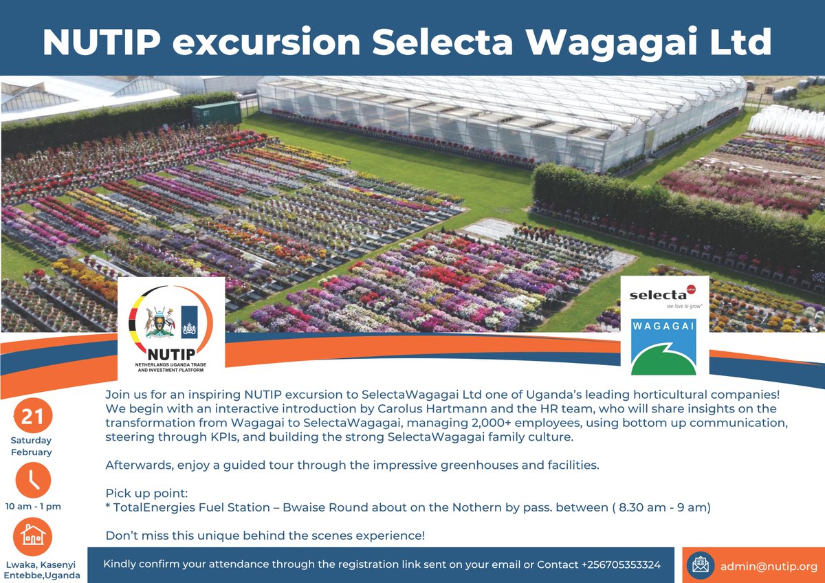 Nutip_Kampala's tweet photo. NUTIP Excursion - Selecta Wagagai Ltd

NUTIP members Join us on Sat, 21 Feb 2026 for an exclusive tour of Selecta Wagagai, one of Uganda’s top flower propagation companies!

Check your email for the invitation &amp; RSVP details.

#NUTIP #Networking #Horticulture #Uganda https://t.co/iiCDmEP5pw