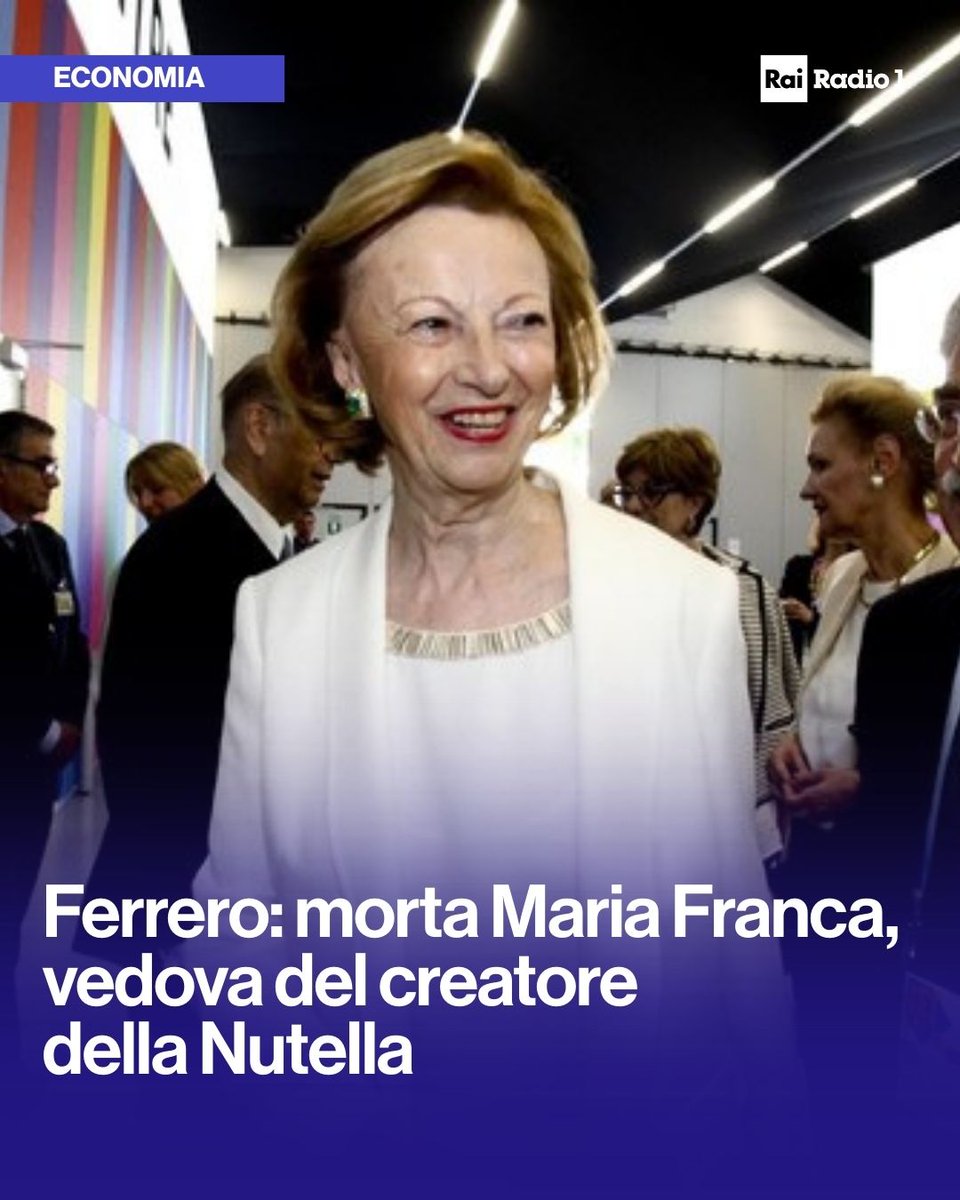 Radio1Rai's tweet image. 🔵 #Cuneo È morta Maria Franca #Ferrero, nata Fissolo, vedova di Michele Ferrero, patriarca del gruppo dolciario ora guidato dal figlio Giovanni. Nei mesi scorsi era stata nominata all'unanimità alla presidenza onoraria dell'azienda. Aveva 87 anni
