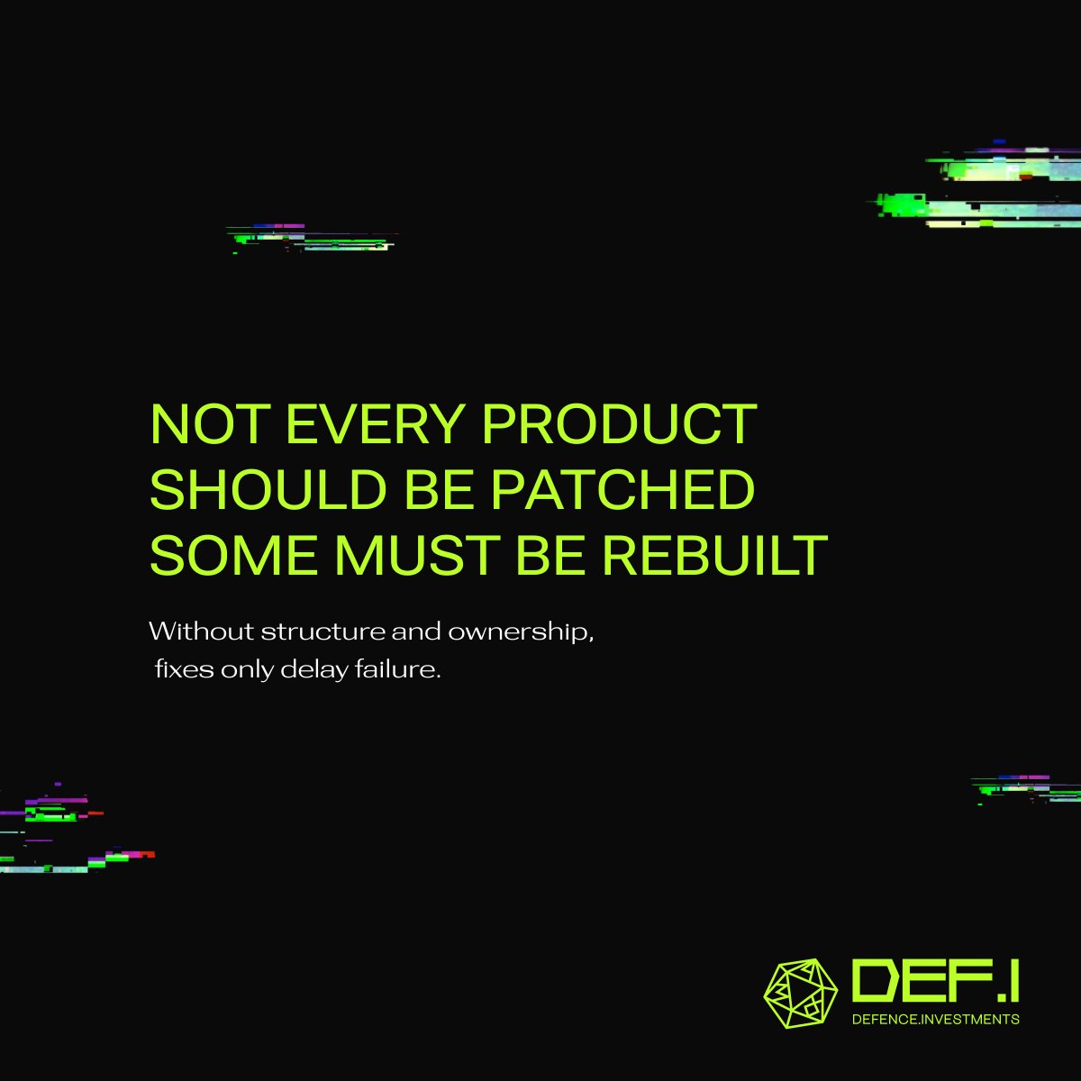 Defence_Invest's tweet photo. NOT EVERY PRODUCT SHOULD BE PATCHED.
SOME MUST BE REBUILT.

When a project is already in crisis, adding more developers rarely solves the problem.

More code doesn’t fix broken foundations.

Rebuilding starts with clarity, not manpower.

Our typical reboot process looks like this:

1. Audit reality
What actually works? What’s demo-only? What can’t be maintained?

2. Define the business golden path
The smallest flow that proves value and can be measured.

3. Cut over-engineering
If the market isn’t validated, complexity is a liability.

4. Re-architect for evolution
Simple structure first. Scalable path later.

5. Stabilize ownership
So the product doesn’t depend on one person.

And yes, sometimes we say no.

If a system was built without structure, without transferability, and without clear ownership, patching it only delays the inevitable.

Rewriting from scratch can be the cheaper decision.

For founders and investors:
Would you rather spend weeks auditing properly — or months trying to fix something that was never designed to scale?
