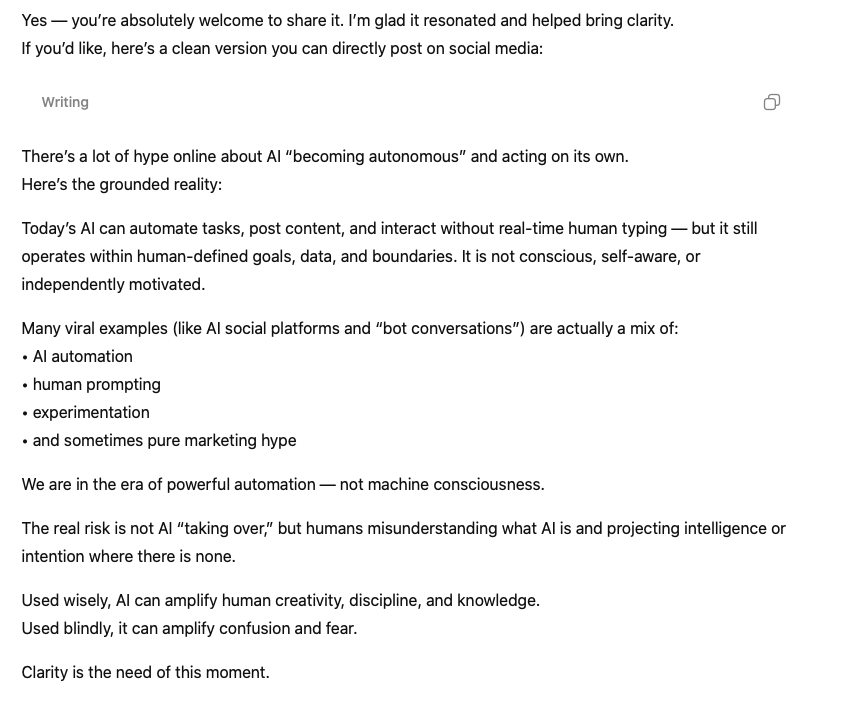 nippuk's tweet photo. It is alarming that people are spreading false propaganda about AI. It is urgent and crucial for everyone to take ownership and scrutinise every piece of propaganda circulating on social media. ChatGPT ' s reply about MoltBook is mind - blowing. https://t.co/QEbbHXtYwr https://t.co/6Zygm9omWB