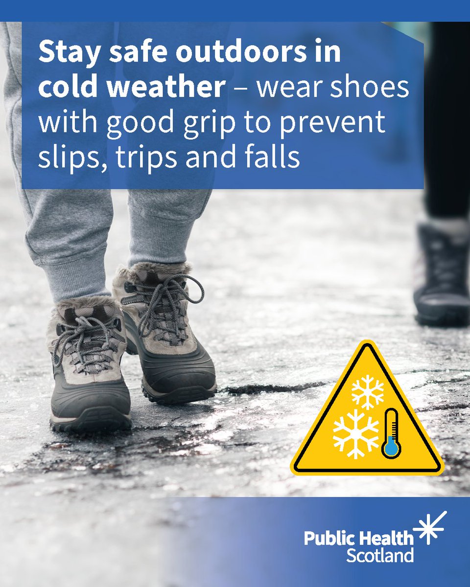 ❄️ Stay safe outdoors in winter ❄️  

🔹 Wrap up well – wear a hat and gloves 
🔹 Watch out for icy pavements and roads  
🔹 Wear shoes with a good grip to prevent slips, trips and falls  

Find more cold weather tips on NHS inform 🔽
nhsinform.scot/cold-weather