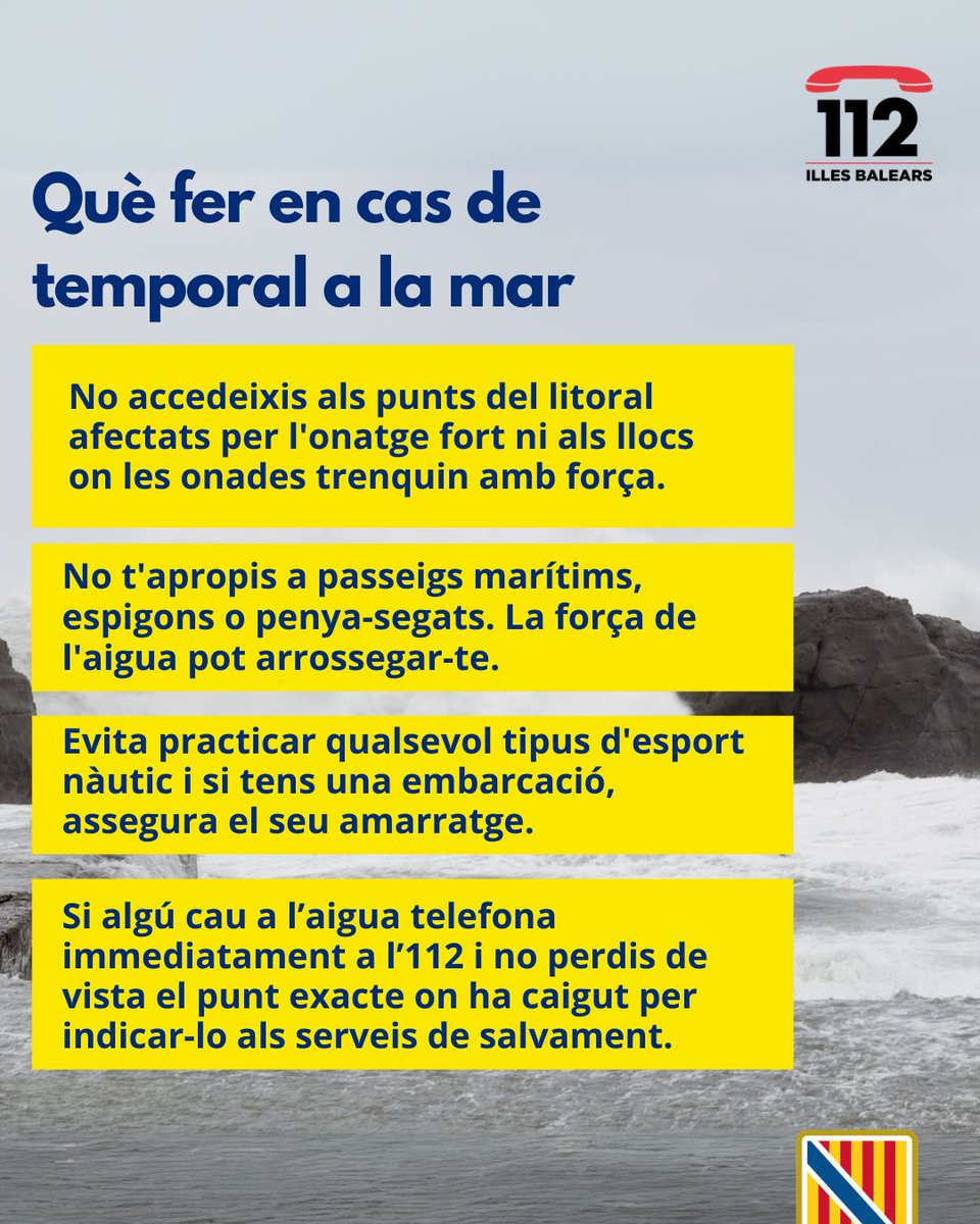 ProtCivilPalma's tweet photo. @Emergencies_112 Actualitza les alertes per meteorologia adversa 🌬️🌊 
🟠Alerta taronja activada (IG-1 del Pla Meteobal) per forts vents🌬️ i fenòmens costaners🌊 a totes les Illes Balears.
👉 Us demanam precaució durant les pròximes hores. https://t.co/F0EXAcbf0V