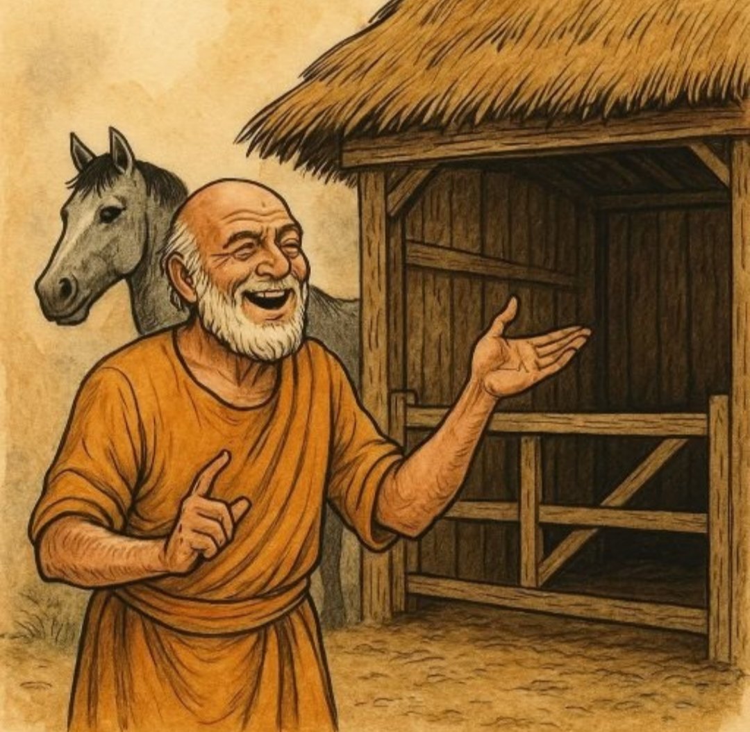 एक बार की बात है, एक आदमी के पास बहुत ही सुंदर घोड़ा था। वह घोड़ा इतना दुर्लभ और कीमती था कि सम्राटों ने भी उसे खरीदने की इच्छा जताई — चाहे जितनी कीमत देनी पड़े। लेकिन वह बूढ़ा आदमी इंकार करता रहा।

एक सुबह पता चला कि घोड़ा चोरी हो गया। पूरा गाँव इकठ्ठा हुआ, सबने दुख प्रकट किया: