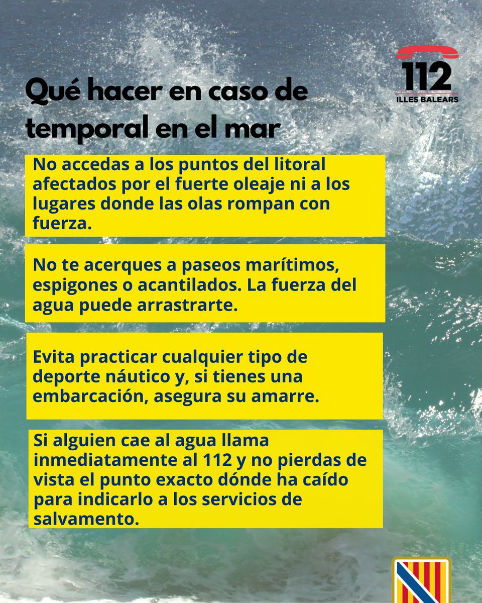 ProtCivilPalma's tweet photo. @Emergencies_112 actualiza las alertas por meteorología adversa 🌬️🌊
🟠 Alerta naranja activada (IG-1 del Plan Meteobal) por fuertes vientos🌬️ y fenómenos costeros 🌊 en todas las Islas Baleares.
Pedimos precaución durante las próximas horas. https://t.co/uoXwfdjkDL