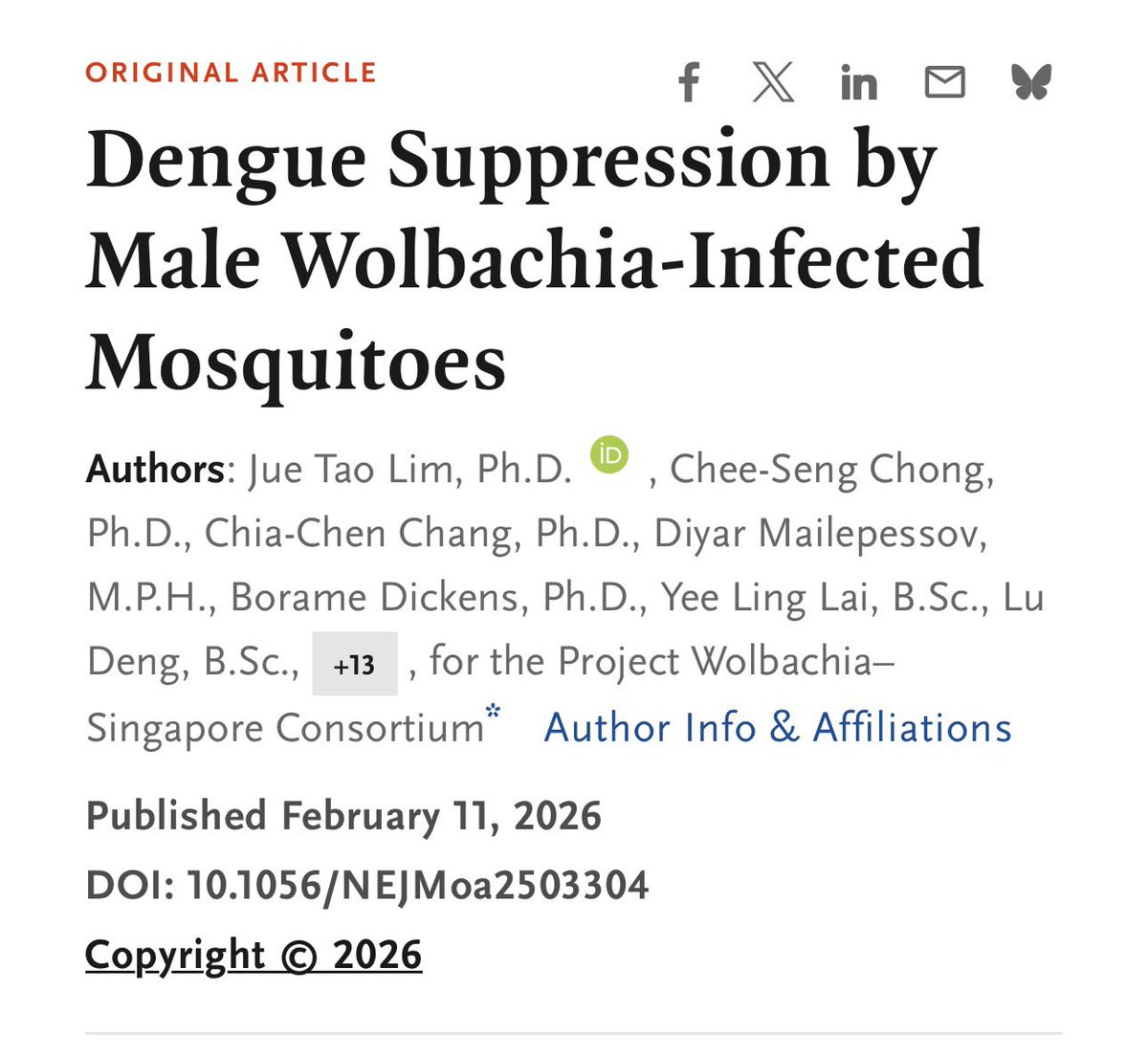 pathologist2003's tweet image. الخبر يتحدث عن دراسة علمية حديثة بعنوان  
Dengue Suppression by Male Wolbachia Infected Mosquitoes  
نُشرت في 11 فبراير 2026 في مجلة New England Journal of Medicine  

اجرى فريق من مشروع Wolbachia Singapore Consortium دراسة حول استخدام ذكور بعوض مصابة ببكتيريا ولباكيا كوسيلة للحد