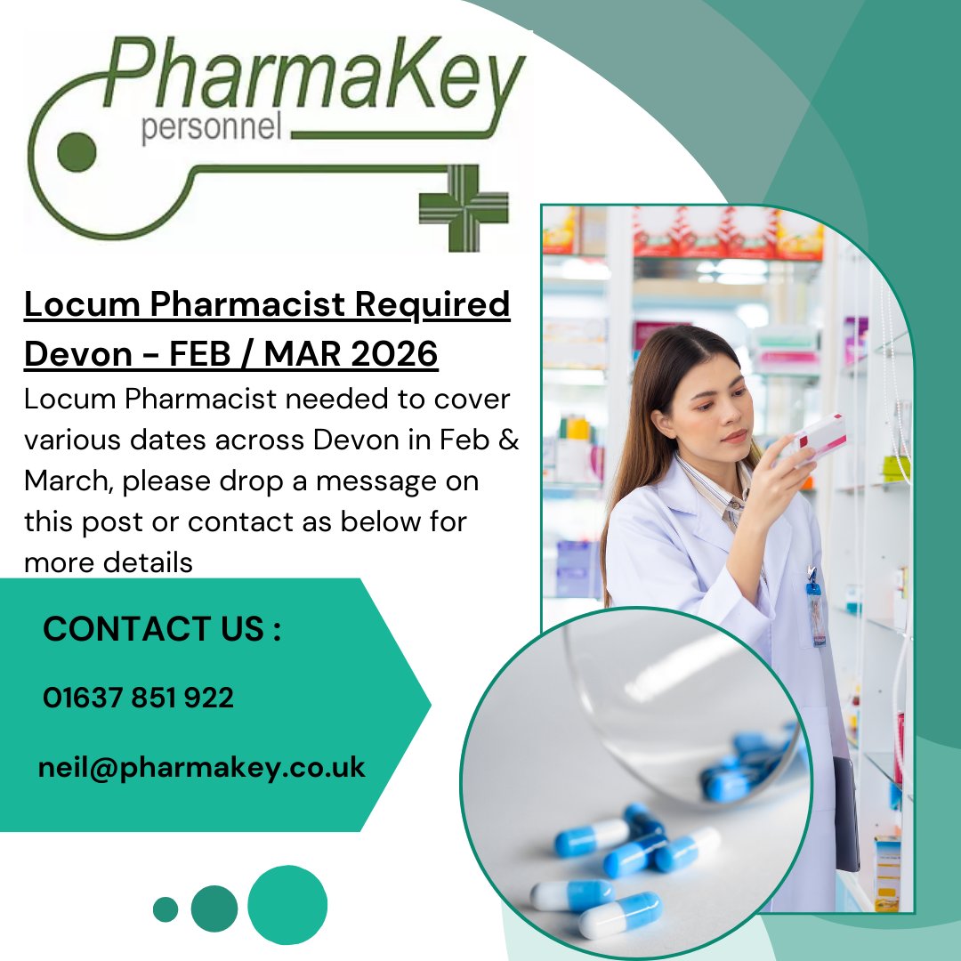 Locum Pharmacist Required for dates across Devon in February and March!

Please get in touch if you're available or please share with anyone you think may be. Thanks!

#pharmacist #pharmacyjobs #pharmacy #locumpharmacist #devon #devonjobs
