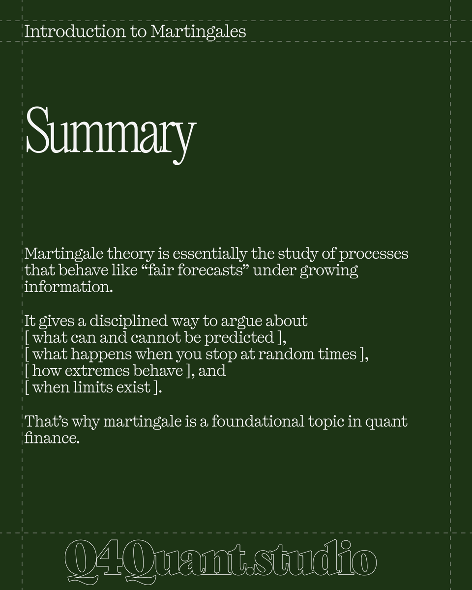 q4quant's tweet photo. Summary
Martingale theory is the study of processes that behave like “fair forecasts” as information grows.
It gives a disciplined way to argue about
- what can and cannot be predicted
- what happens when you stop at random times
- how extremes behave
- when limits exist
That’s why martingale is a foundational topic in quant finance.