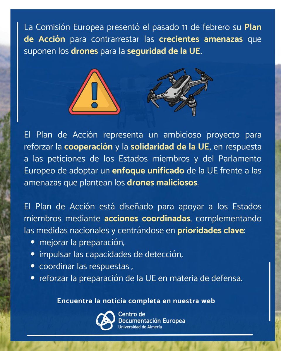 La Comisión presenta un Plan de Acción para contrarrestar las crecientes amenazas que suponen los drones para la seguridad de la UE. 🇪🇺🛡️

🔗short.do/SJ8qHq

#Actualidad #Noticias #UE #ComisiónEuropea #Defensa #Seguridad #Drones
