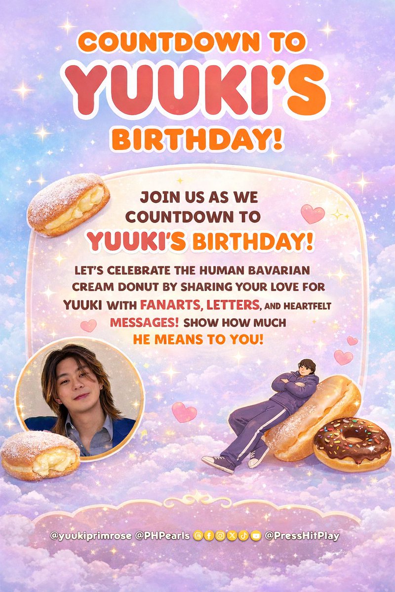 D-1 until we celebrate our human Bavarian cream donut birthday! 🍩💛

Tomorrow is Yuuki Day! Are you ready, Pearls? 

#PRESS_HIT_PLAY #CountdownToYuukisBirthday #PHPPearl   <a href="/YuukiPrimrose/">YUUKI'S PRIMROSE</a> <a href="/yuukigito_/">PHP Yuuki</a>