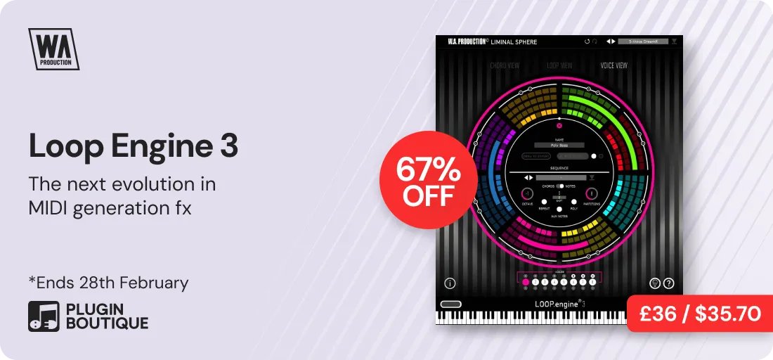 【W.A. Production Loop Engine 3 Sale】
세일 기간: 2월 28일까지
할인율: 67% 할인
🌀 Loop Engine 3: MIDI 루프 생성의 정점. 당신의 창의성에 불을 붙입니다.
Loop Engine 3는 MIDI 루프 생성을 위한 궁극의 솔루션입니다. 크리에이터의 상상력을 자극하고 제작 중인 트랙을 순식간에 다음 단계로