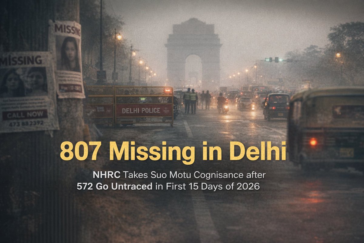807 missing in Delhi in just 15 days of 2026.
509 women &amp; girls.
191 minors.
572 still untraced.

NHRC takes suo motu cognisance, seeks report from Delhi govt &amp; police.

The numbers demand scrutiny.

Read: nriaffairs.com/nhrc-takes-suo…

#Delhi #MissingPersons #NHRC