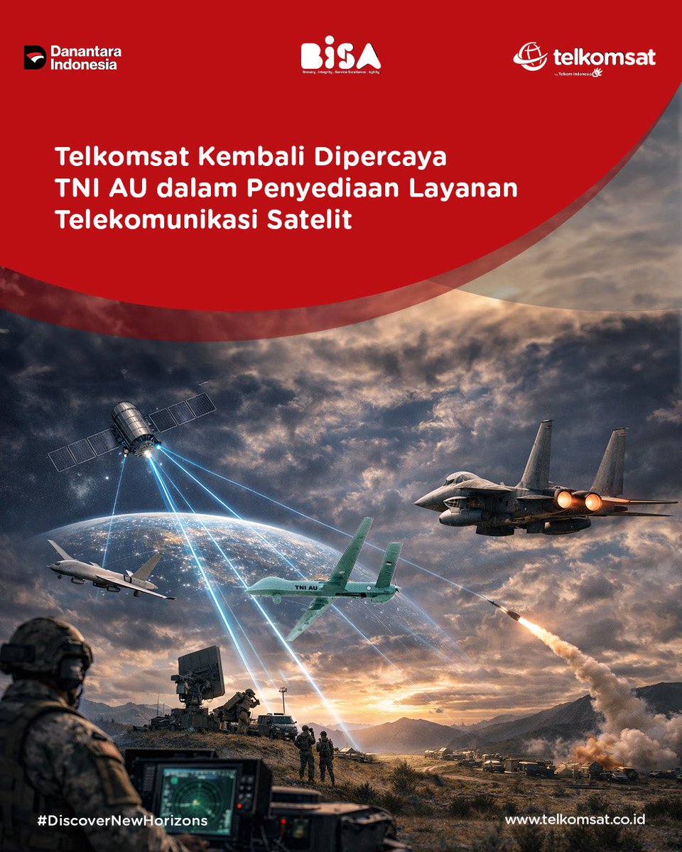 telkomsat's tweet photo. Dalam rangka mendukung kelancaran komunikasi operasional pertahanan udara nasional, Telkomsat kembali dipercaya oleh TNI AU dalam penyediaan layanan telekomunikasi satelit melalui penandatanganan Kontrak Jasa Telekomunikasi (Jastel) Tahun Anggaran 2026.

Penandatanganan kontrak ini mencerminkan kepercayaan TNI AU terhadap kapabilitas Telkomsat sebagai penyedia layanan telekomunikasi satelit nasional. 

Selengkapnya: https://t.co/fH6U8bVldS

#DiscoverNewHorizons
