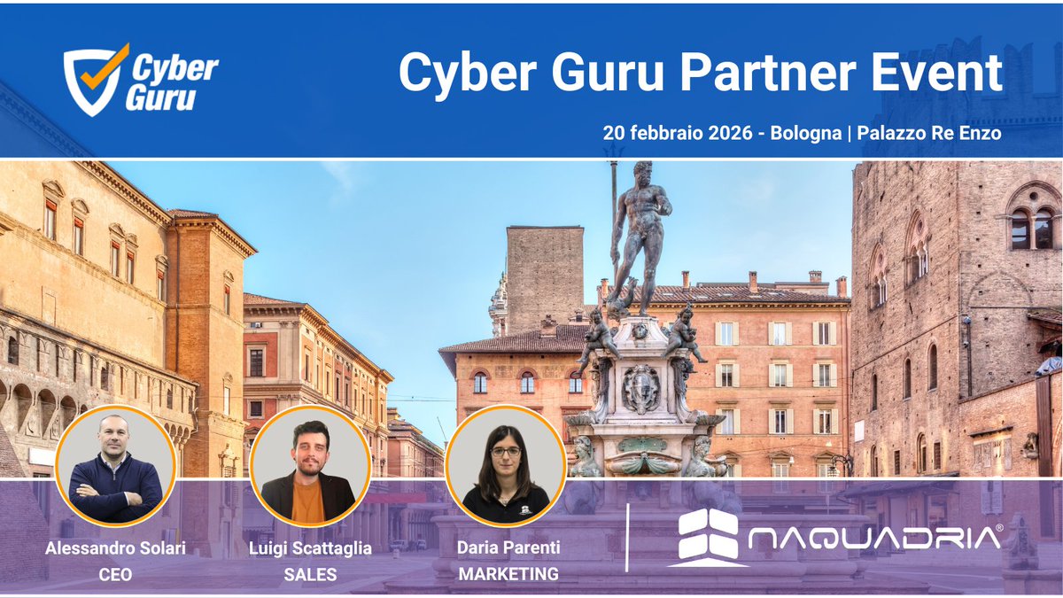📆 Venerdì 20 febbraio saremo a Bologna, a Palazzo Re Enzo, per l'evento partner di Cyber Guru!

#CyberSecurity #SecurityAwareness