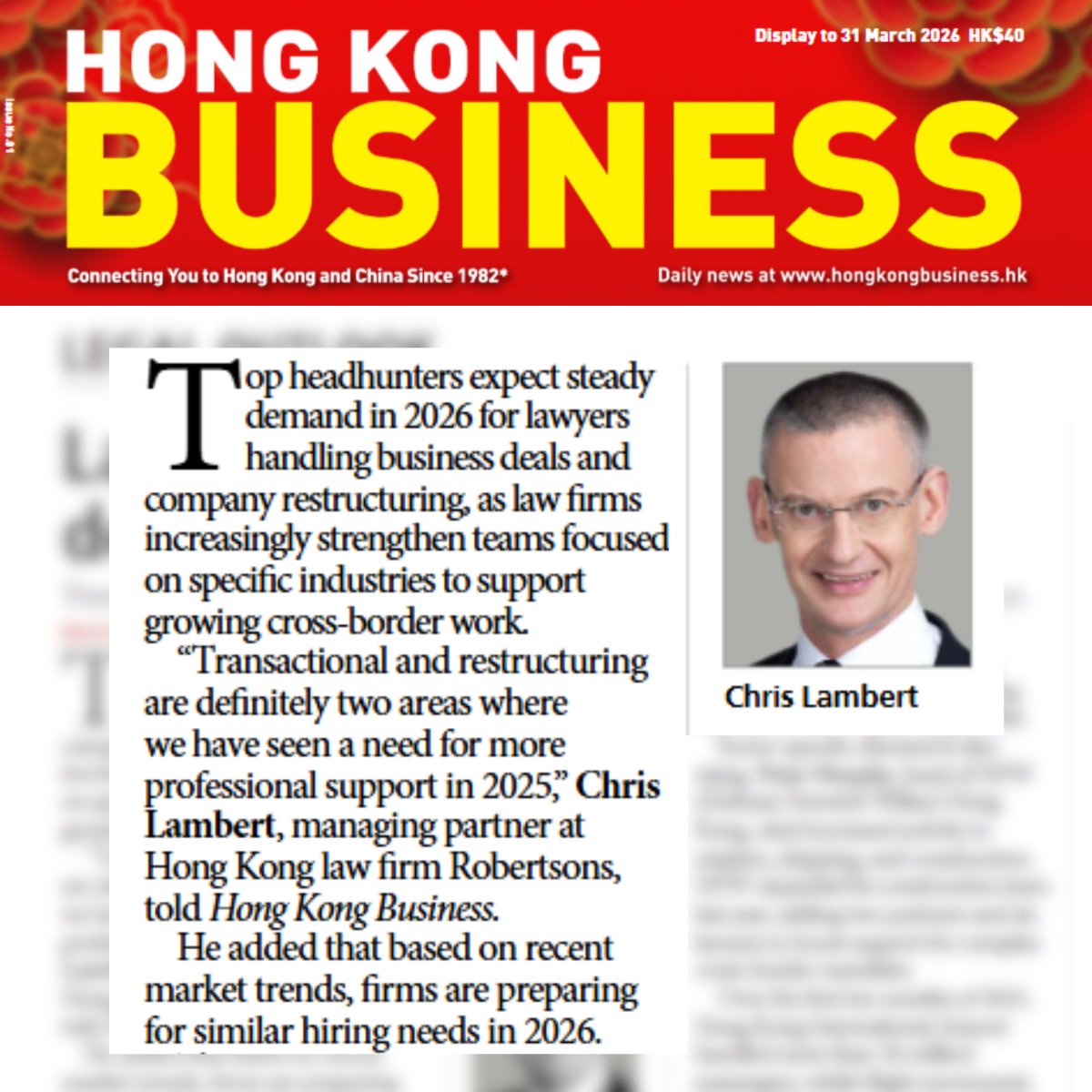 Robertsons_HK's tweet photo. Robertsons’ Managing Partner, Chris Lambert, was interviewed by @HKBusinessMag with his insights featured in their earlier published article subjected “Law firms boost hiring for deal, restructuring lawyers”.

Full article: https://t.co/EVGavi4Pad

#Robertsons https://t.co/OLuBg1LznP